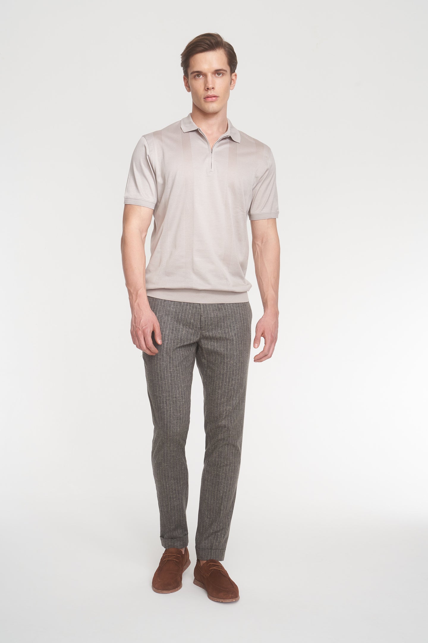 Beige Stipe Drawstring Linen Trousers